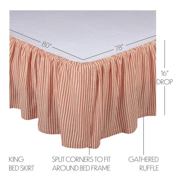 VHC Brands Sawyer Mill Farmhouse KING Red Ticking Stripe Bed Skirt - Picture 3 of 9